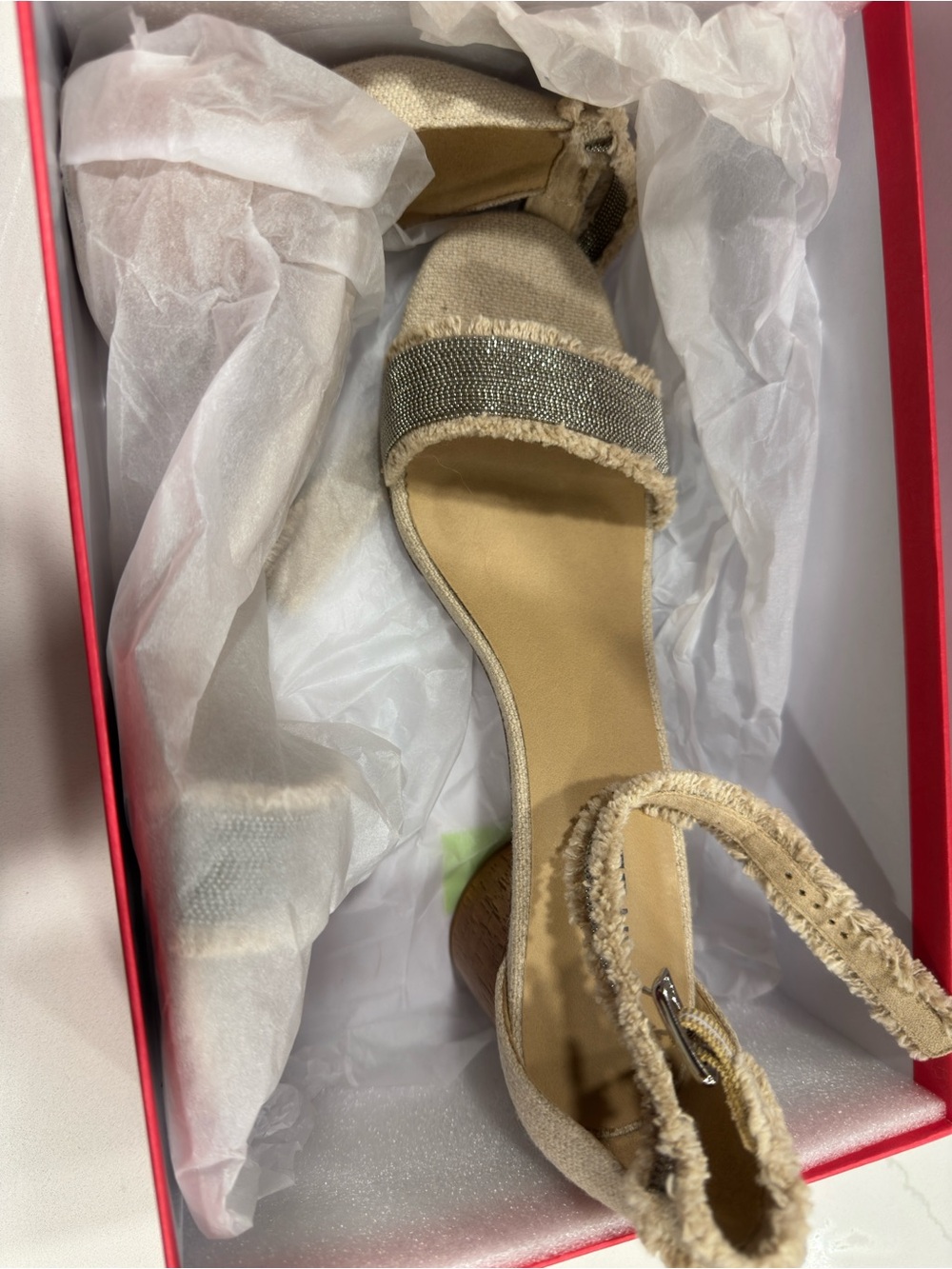 Vaneli Beige Fringed Ankle-Strap Sandals with Rhinestone Toe Band